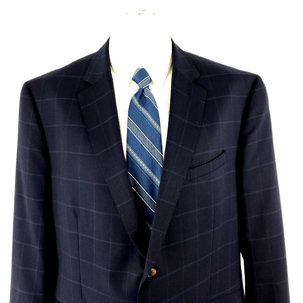 James Tattersall Wool Polyester 2 Button Suit Jacket 42R Blue‎ Windowpane 2 Vent